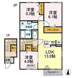 東京メトロ副都心線 氷川台駅 徒歩11分の賃貸アパート 2階3LDKの間取り