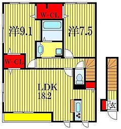 JR総武線 下総中山駅 徒歩26分の賃貸アパート 2階2LDKの間取り