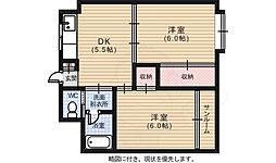 広島電鉄1系統 中電前駅 徒歩1分の賃貸マンション 3階2DKの間取り
