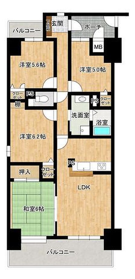 南側と北側の2箇所にバルコニーがあり、通風・採光に優れています。 4つの居室すべてが外気に面しており、開放感があります♪