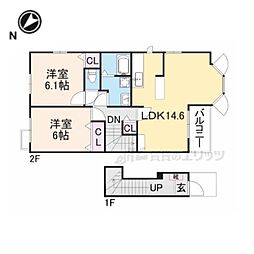 JR東海道・山陽本線 南彦根駅 徒歩14分の賃貸アパート 2階2LDKの間取り