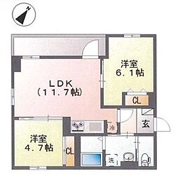 グランドコート日本橋浜町 3階2LDKの間取り