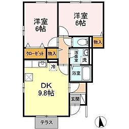 サニーコート朝生田D 2DKの間取図画像