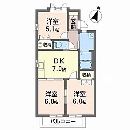 パークヒル津田B 3DKの間取図画像