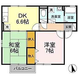 セジュール来住B 2DKの間取図画像