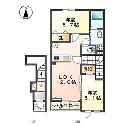 （仮）鏡新築アパートＢ棟 2階2LDKの間取り