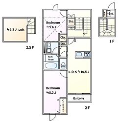 横浜市金沢区釜利谷東2丁目アパート 2LDKの間取図画像