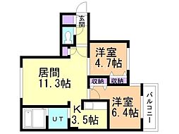 札幌市営東西線 琴似駅 徒歩7分の賃貸マンション 2階2LDKの間取り