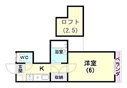 ソラーナ光陽 2階1Kの間取り