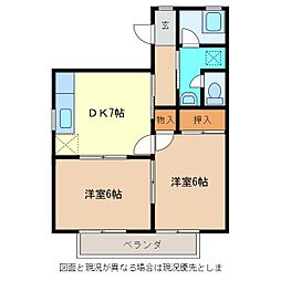 グリーンハイツA棟 2階2DKの間取り