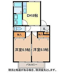 グリーンタウン宮島B棟 2階2DKの間取り