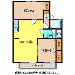 セジュール・喜A 1階2LDKの間取り