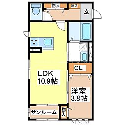 アテンションハイム三輪 1階1LDKの間取り