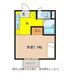上野ハイツ 2階1Kの間取り