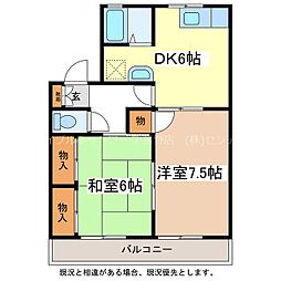 セジュール吉田B棟 2階2DKの間取り