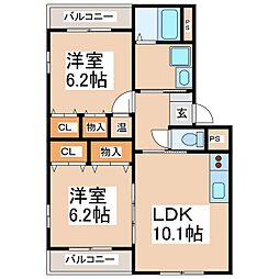 古戦場公園ローズマンション 2階2LDKの間取り