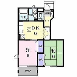 リバーパークC 1階2DKの間取り