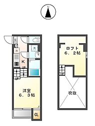 名古屋市営鶴舞線 荒畑駅 徒歩5分の賃貸アパート 2階1Kの間取り