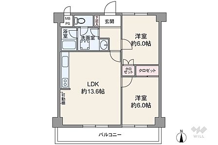 間取りは専有面積59.04平米の2LDK。廊下が短い居住空間を優先したプラン。個室は2部屋共に6帖の広さがあります。トイレには洗面室を通ってアクセス。バルコニー面積は8.64平米です。
