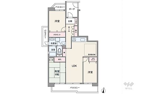 間取りは専有面積77.5平米の3LDK。LDK約12.6帖の縦長リビングのプラン。複数方向に採光部があり、バルコニー面積は20.48平米です。