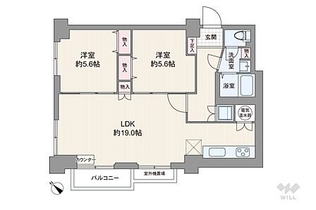 間取りは専有面積61.17平米の2LDK。LDK約19.0帖のプラン。バルコニー面積は6.0平米です。