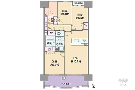 間取りは南向きの開放的な3LDKです。バルコニーからの眺望は良好です。