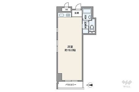間取りは専有面積38.97平米の1R。バルコニー面積は3.82平米です。