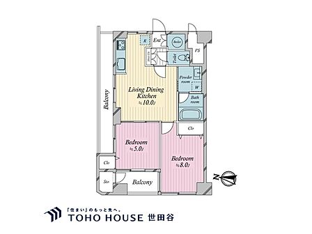 2LDK、専有面積52.2?、バルコニー面積10.8?
