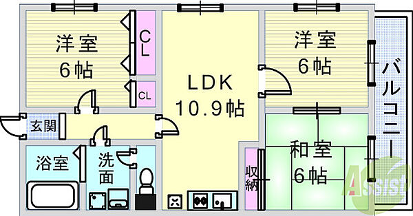 兵庫県西宮市下大市東町(賃貸マンション3LDK・3階・63.20㎡)の写真 その2