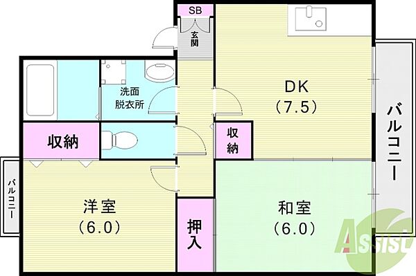 兵庫県西宮市津門稲荷町(賃貸アパート2DK・2階・47.90㎡)の写真 その2