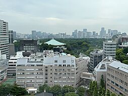 皇居を借景にすることができるリビング、南側の眺望感です。少し東京タワーも見えます。