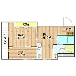 門真レカンIII 2階2DKの間取り