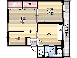 鳥飼マンション 3階2DKの間取り