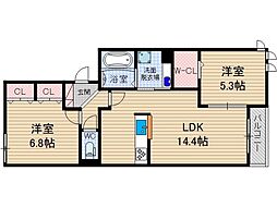 サンウェルズ水尾 3階2LDKの間取り