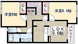 パークヒルズ城土 2階2DKの間取り