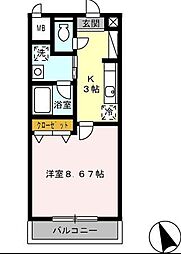 ジオステージ東山 2階1Kの間取り