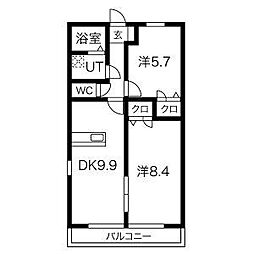 アウラガーデンA・B 2階2LDKの間取り
