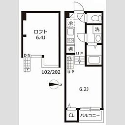 ハーモニーテラス十番 2階1Kの間取り
