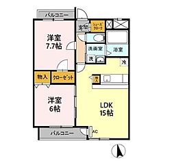 リヴェースよこい 2階2LDKの間取り