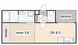 ハーモニーテラス塩池町II 3階1DKの間取り