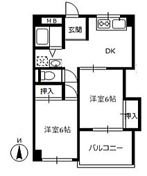 中初ビル 3B 3階2DKの間取り