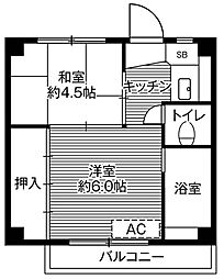 ビレッジハウス坂城1号棟 2階2Kの間取り