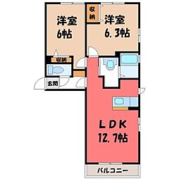 JR東北本線 古河駅 バス10分 茶屋新田下車 徒歩3分の賃貸アパート 2階2LDKの間取り