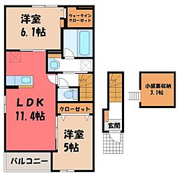 JR東北本線 野木駅 徒歩17分の賃貸アパート 2階2LDKの間取り