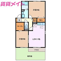 アンシャンテ　Ｂ 1階2LDKの間取り