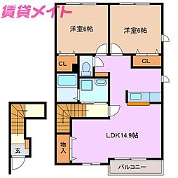 ティアモA 2LDKの間取図画像