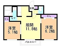 オルセー北17条 4階2LDKの間取り