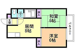 アルファスクエア北18条 2DKの間取図画像