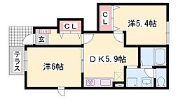 リバティー・ハーモB棟 2DKの間取図画像