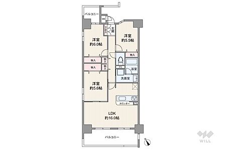 間取りは専有面積75.49平米の3LDK。LDK約16.0帖のプラン。バルコニー面積は15.99平米です。